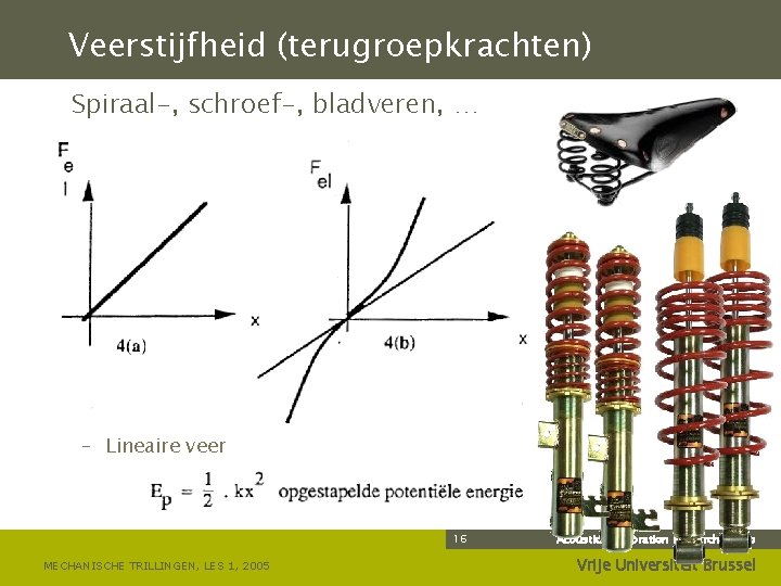 Veerstijfheid (terugroepkrachten) Spiraal-, schroef-, bladveren, … – Lineaire veer 16 MECHANISCHE TRILLINGEN, LES 1,