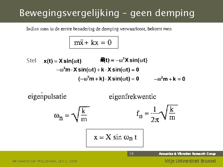 Bewegingsvergelijking – geen demping Stel 19 MECHANISCHE TRILLINGEN, LES 1, 2005 Acoustics & Vibration