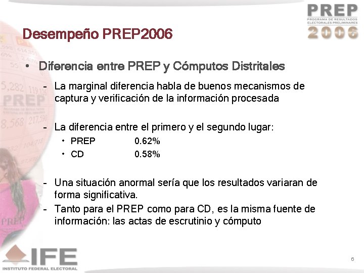 Desempeño PREP 2006 • Diferencia entre PREP y Cómputos Distritales – La marginal diferencia