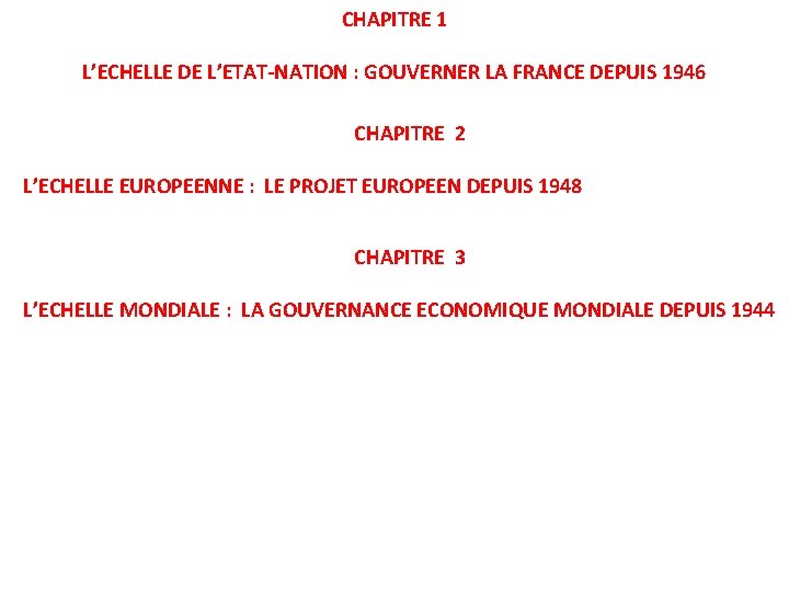 CHAPITRE 1 L’ECHELLE DE L’ETAT-NATION : GOUVERNER LA FRANCE DEPUIS 1946 CHAPITRE 2 L’ECHELLE