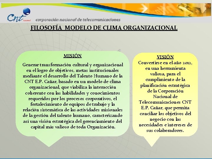 FILOSOFÍA MODELO DE CLIMA ORGANIZACIONAL MISIÓN Generar transformación cultural y organizacional en el logro