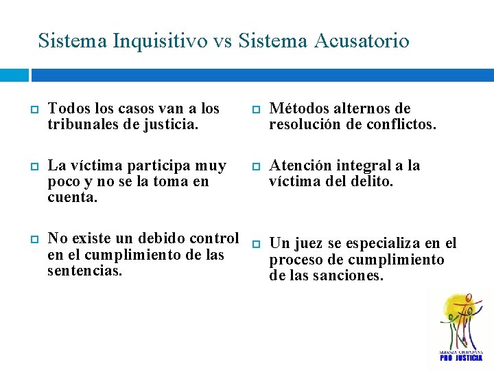 Sistema Inquisitivo vs Sistema Acusatorio Todos los casos van a los tribunales de justicia.