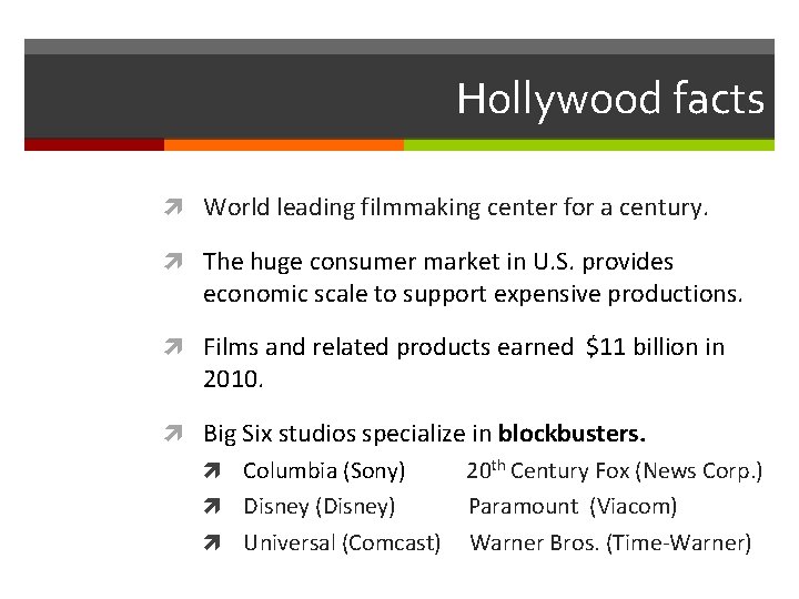 Hollywood facts World leading filmmaking center for a century. The huge consumer market in