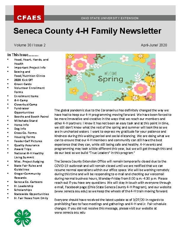 OHIO STATE UNIVERSITY EXTENSION Seneca County 4 -H Family Newsletter Volume 30 / Issue