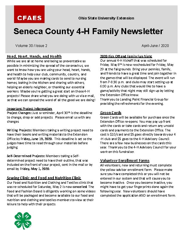 Ohio State University Extension Seneca County 4 -H Family Newsletter April-June / 2020 Volume