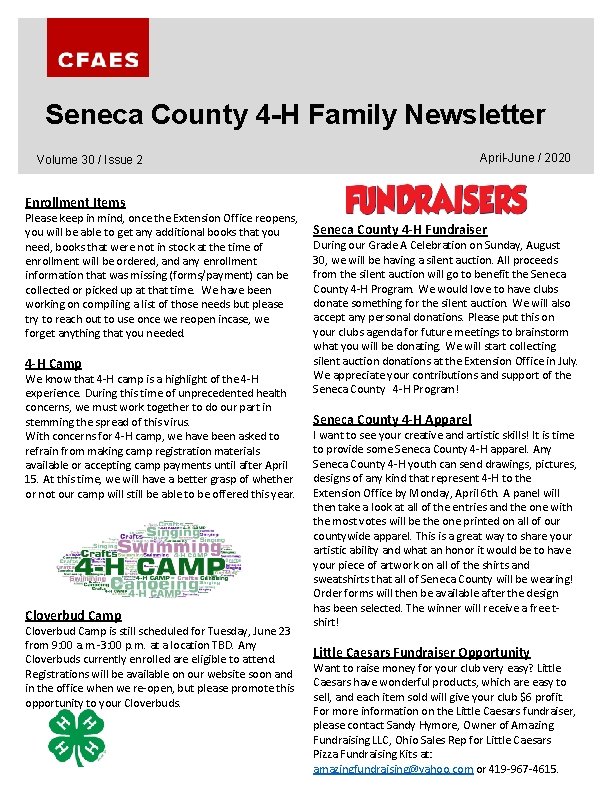 Seneca County 4 -H Family Newsletter April-June / 2020 Volume 30 / Issue 2