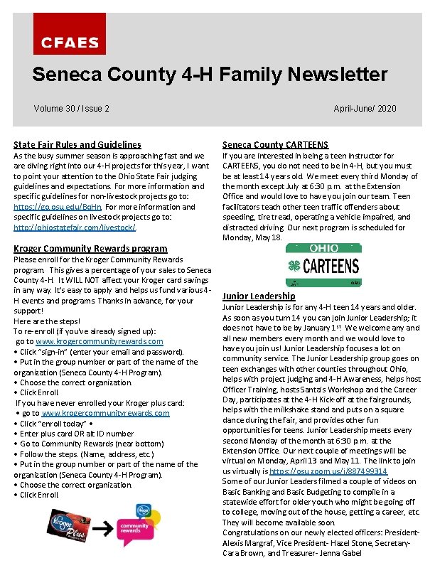 Seneca County 4 -H Family Newsletter April-June/ 2020 Volume 30 / Issue 2 State