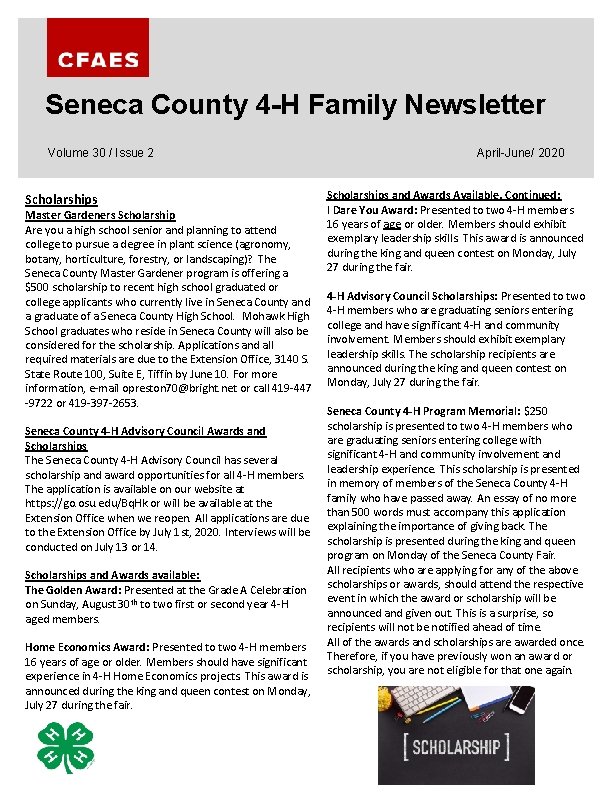 Seneca County 4 -H Family Newsletter Volume 30 / Issue 2 Scholarships Master Gardeners