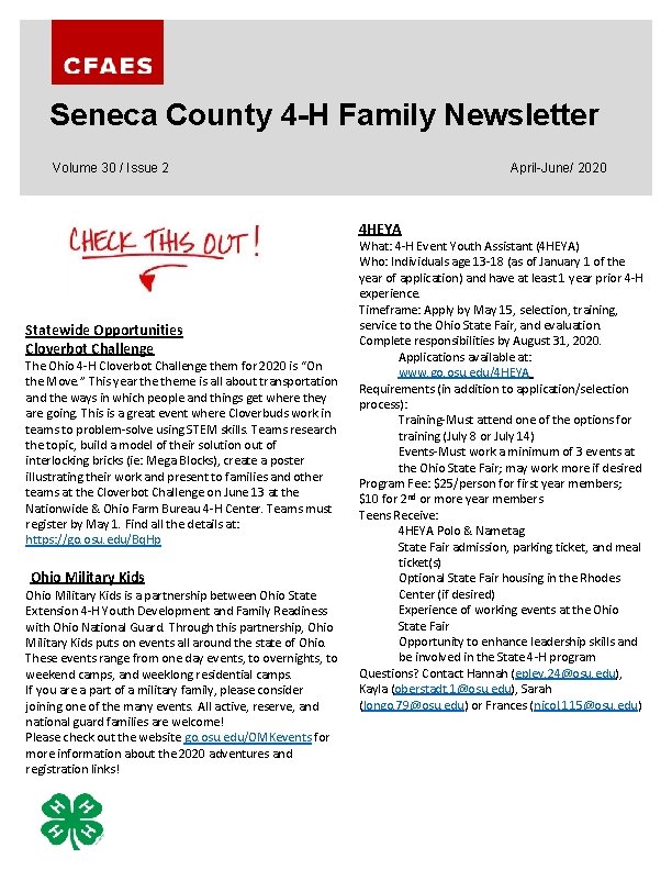 Seneca County 4 -H Family Newsletter April-June/ 2020 Volume 30 / Issue 2 4