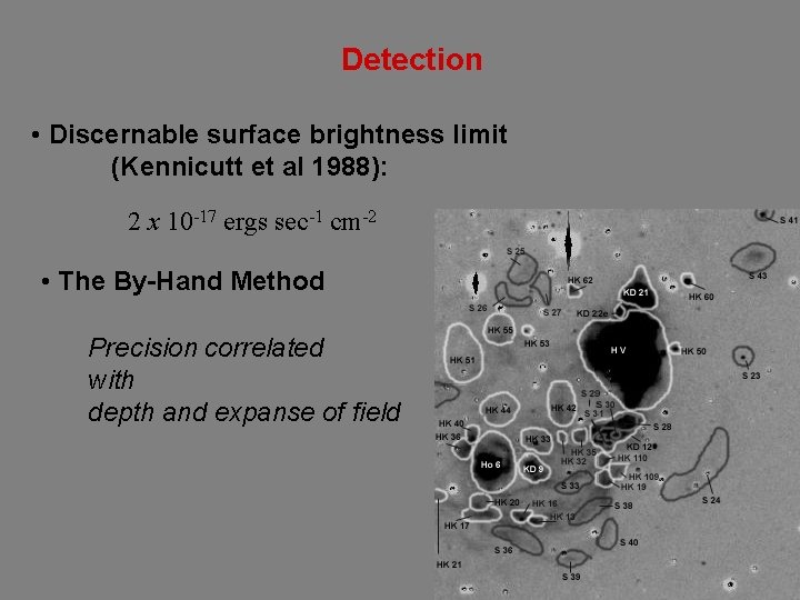 Detection • Discernable surface brightness limit (Kennicutt et al 1988): 2 x 10 -17