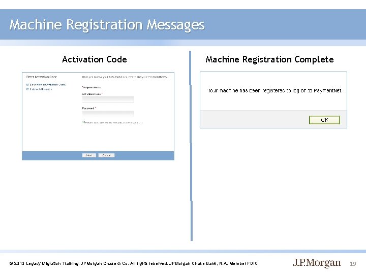 Machine Registration Messages Activation Code Machine Registration Complete © 2013 Legacy Migration Training. JPMorgan