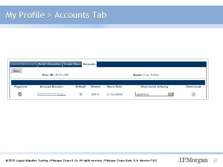 My Profile > Accounts Tab © 2013 Legacy Migration Training. JPMorgan Chase & Co.