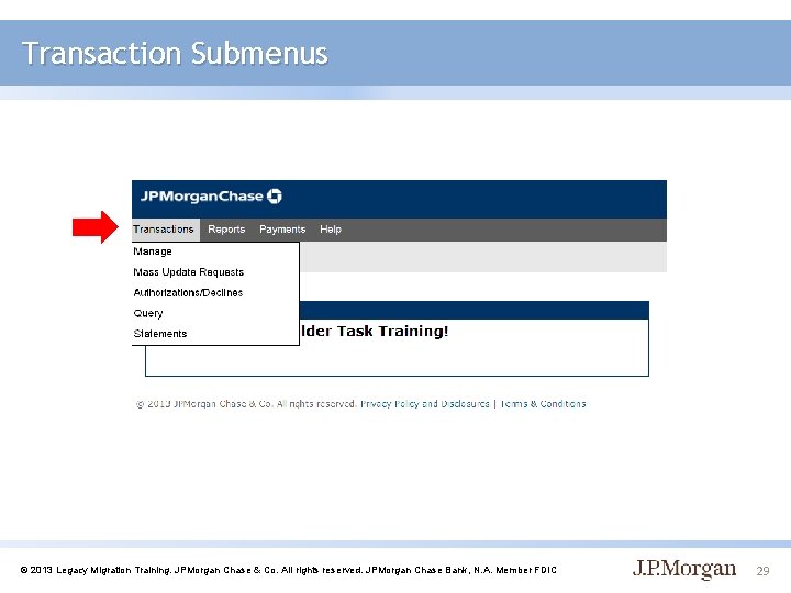 Transaction Submenus © 2013 Legacy Migration Training. JPMorgan Chase & Co. All rights reserved.