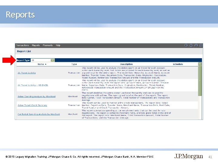 Reports © 2013 Legacy Migration Training. JPMorgan Chase & Co. All rights reserved. JPMorgan