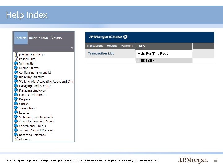 Help Index © 2013 Legacy Migration Training. JPMorgan Chase & Co. All rights reserved.