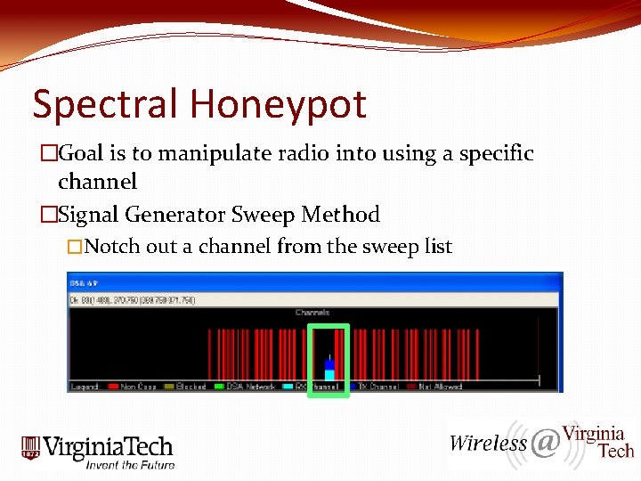 Spectral Honeypot �Goal is to manipulate radio into using a specific channel �Signal Generator