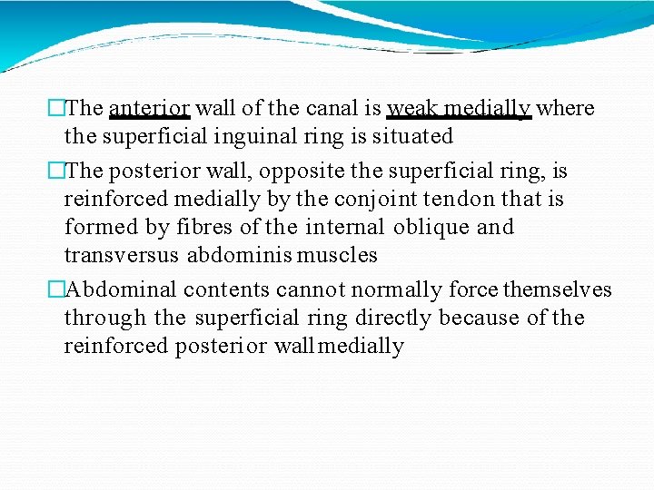 �The anterior wall of the canal is weak medially where the superficial inguinal ring