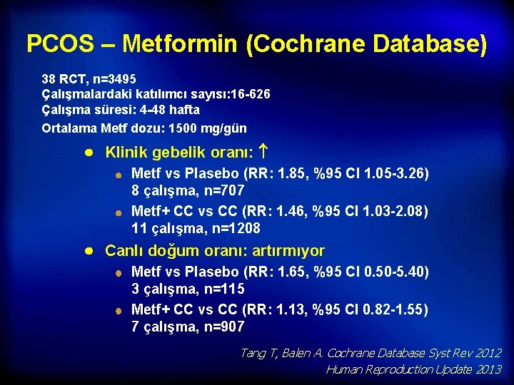 PCOS – Metformin (Cochrane Database) 38 RCT, n=3495 Çalışmalardaki katılımcı sayısı: 16 -626 Çalışma