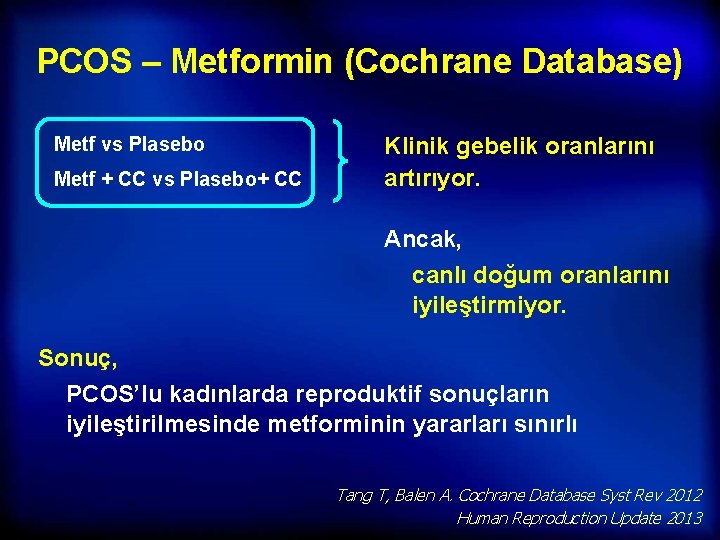 PCOS – Metformin (Cochrane Database) Metf vs Plasebo Metf + CC vs Plasebo+ CC