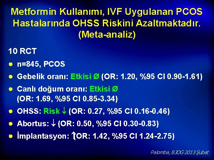 Metformin Kullanımı, IVF Uygulanan PCOS Hastalarında OHSS Riskini Azaltmaktadır. (Meta-analiz) 10 RCT ● n=845,