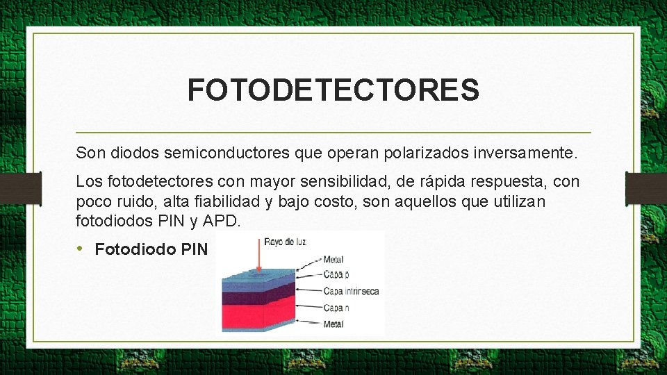 FOTODETECTORES Son diodos semiconductores que operan polarizados inversamente. Los fotodetectores con mayor sensibilidad, de