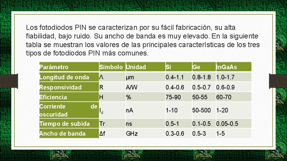 Los fotodiodos PIN se caracterizan por su fácil fabricación, su alta fiabilidad, bajo ruido.