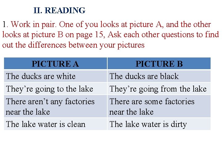 II. READING 1. Work in pair. One of you looks at picture A, and