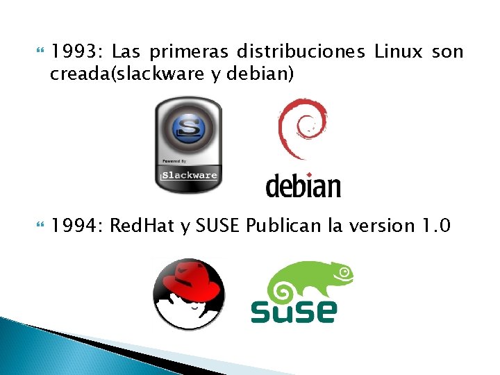 1993: Las primeras distribuciones Linux son creada(slackware y debian) 1994: Red. Hat y 1993: Las primeras distribuciones Linux son creada(slackware y debian) 1994: Red. Hat y