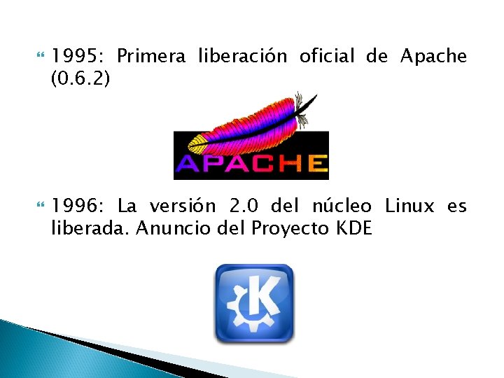 1995: Primera liberación oficial de Apache (0. 6. 2) 1996: La versión 2. 1995: Primera liberación oficial de Apache (0. 6. 2) 1996: La versión 2.