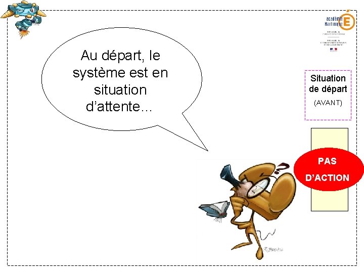 Au départ, le système est en situation d’attente… Situation de départ (AVANT) PAS D’ACTION Au départ, le système est en situation d’attente… Situation de départ (AVANT) PAS D’ACTION