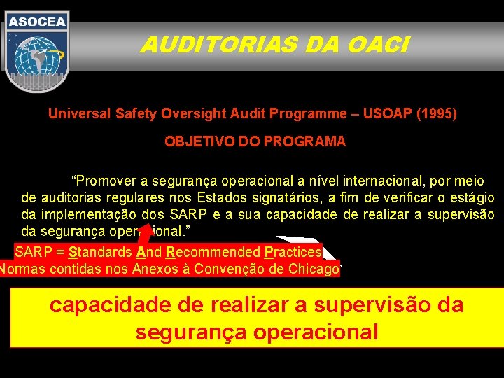 AUDITORIAS DA OACI Universal Safety Oversight Audit Programme – USOAP (1995) OBJETIVO DO PROGRAMA