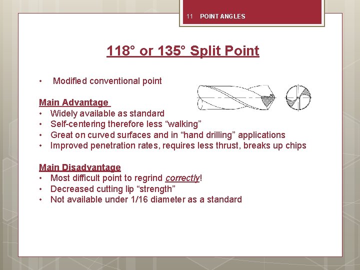 11 POINT ANGLES 118° or 135° Split Point • Modified conventional point Main Advantage
