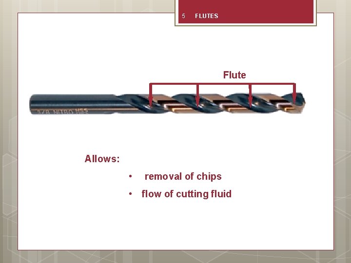 5 FLUTES Flute Allows: • removal of chips • flow of cutting fluid 
