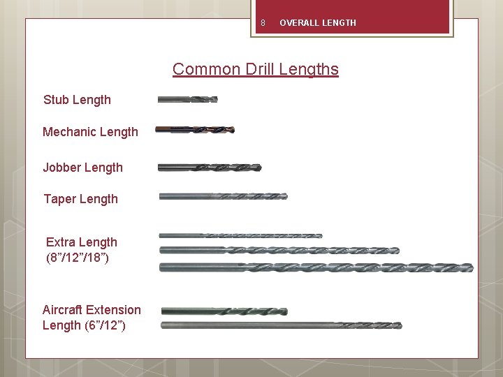 8 OVERALL LENGTH Common Drill Lengths Stub Length Mechanic Length Jobber Length Taper Length