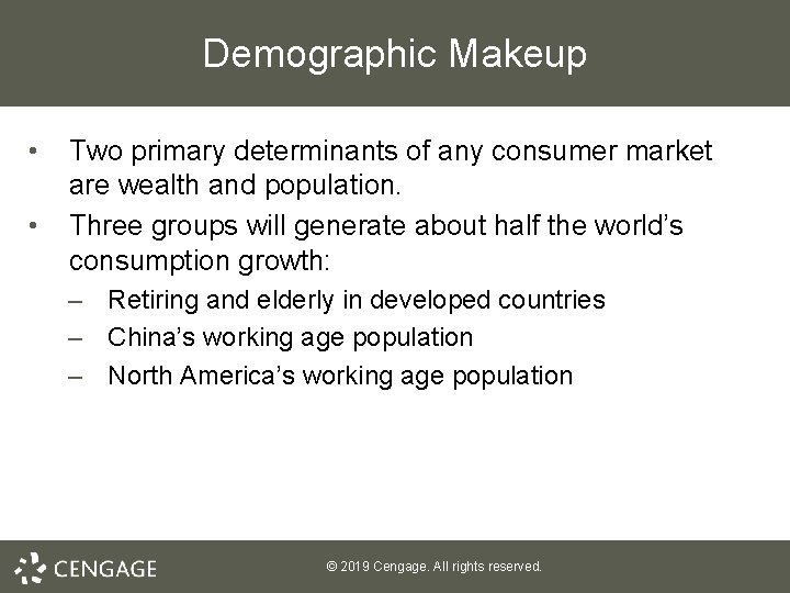 Demographic Makeup • • Two primary determinants of any consumer market are wealth and
