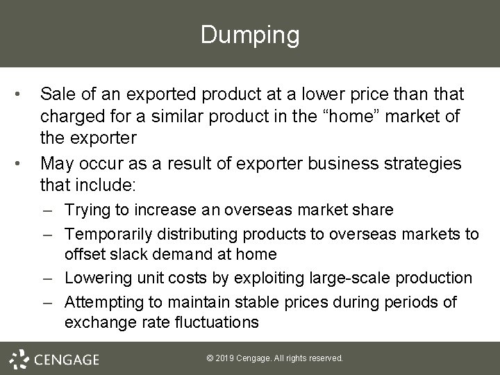 Dumping • • Sale of an exported product at a lower price than that