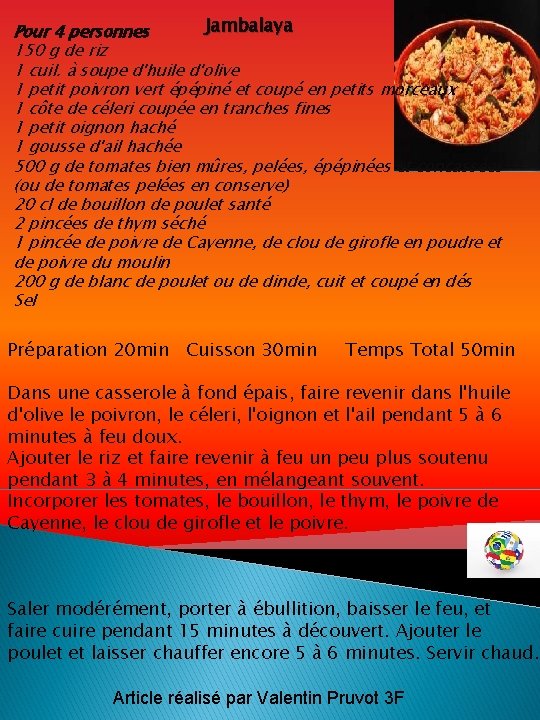 Jambalaya Pour 4 personnes 150 g de riz 1 cuil. à soupe d'huile d'olive