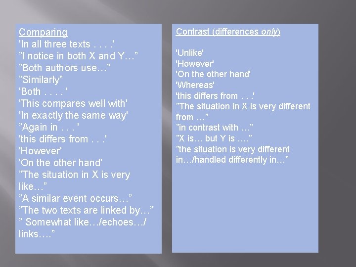Comparing 'In all three texts. . ' ”I notice in both X and Y…”