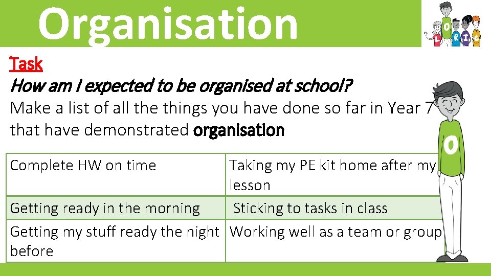 Organisation Task How am I expected to be organised at school? Make a list