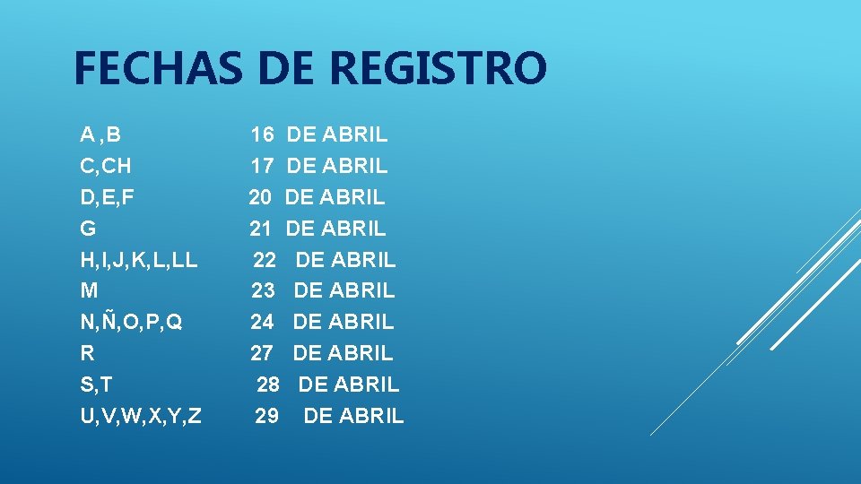 FECHAS DE REGISTRO A , B C, CH D, E, F G H, I, FECHAS DE REGISTRO A , B C, CH D, E, F G H, I,