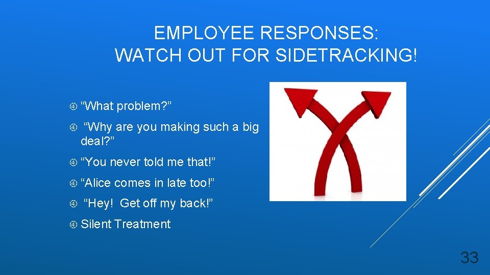 EMPLOYEE RESPONSES: WATCH OUT FOR SIDETRACKING! “What problem? ” “Why are you making such