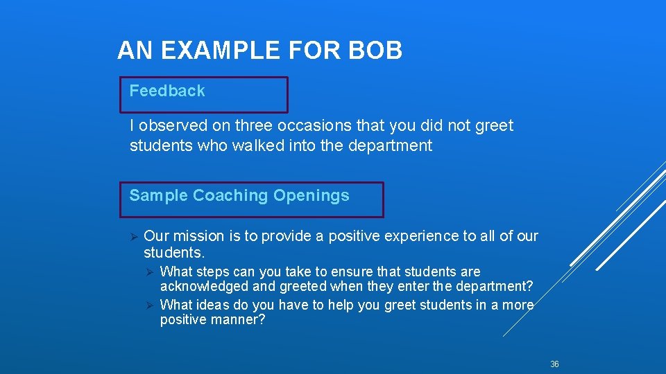 AN EXAMPLE FOR BOB Feedback I observed on three occasions that you did not