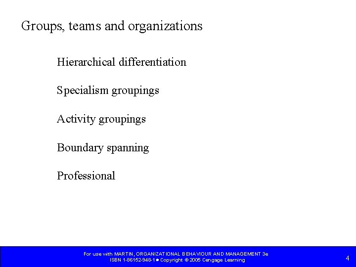 Groups, teams and organizations Hierarchical differentiation Specialism groupings Activity groupings Boundary spanning Professional For