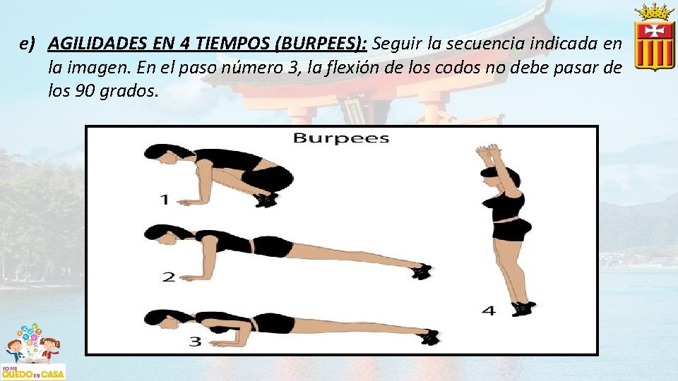 e) AGILIDADES EN 4 TIEMPOS (BURPEES): Seguir la secuencia indicada en la imagen. En