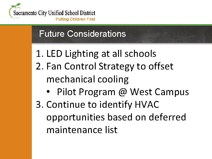 Future Considerations 1. LED Lighting at all schools Utilities -2% of General Fund 2.