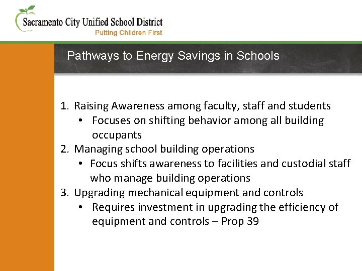 Pathways to Energy Savings in Schools 1. Raising Awareness among faculty, staff and students