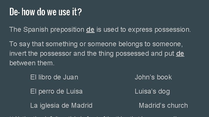 De- how do we use it? The Spanish preposition de is used to express
