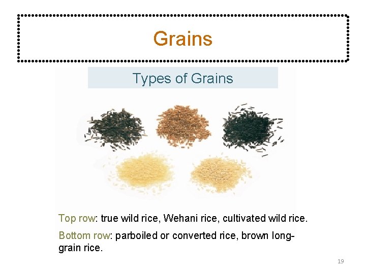 Grains Types of Grains Top row: true wild rice, Wehani rice, cultivated wild rice.