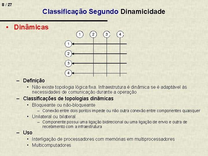 8 / 27 Classificação Segundo Dinamicidade • Dinâmicas – Definição • Não existe topologia