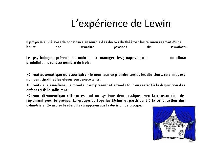 L’expérience de Lewin Il propose aux élèves de construire ensemble des décors de théâtre